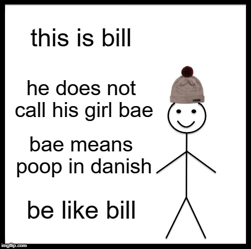 Be Like Bill | this is bill; he does not call his girl bae; bae means poop in danish; be like bill | image tagged in memes,be like bill | made w/ Imgflip meme maker
