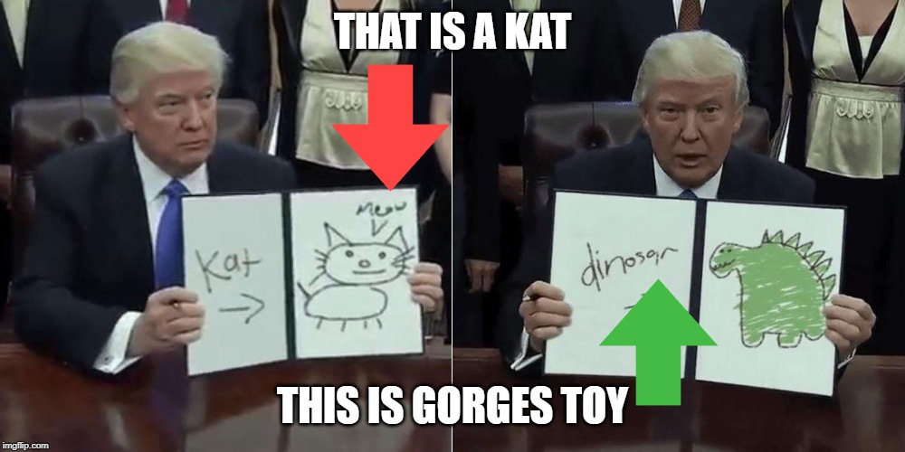 trump learn | THAT IS A KAT; THIS IS GORGES TOY | image tagged in politics lol | made w/ Imgflip meme maker