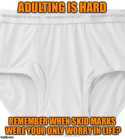 Adulting is hard | ADULTING IS HARD; REMEMBER WHEN SKID MARKS WERE YOUR ONLY WORRY IN LIFE? | image tagged in responsibility,adulting | made w/ Imgflip meme maker
