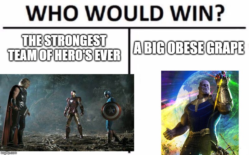Who Would Win? | THE STRONGEST TEAM OF HERO'S EVER; A BIG OBESE GRAPE | image tagged in memes,who would win | made w/ Imgflip meme maker