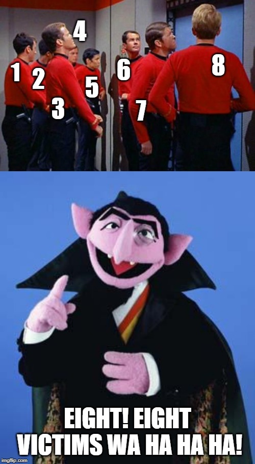 Eight! | 4; 8; 6; 1; 2; 5; 7; 3; EIGHT! EIGHT VICTIMS WA HA HA HA! | image tagged in the count,star trek red shirts | made w/ Imgflip meme maker