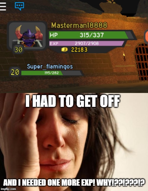 What a stroke of (bad) luck! | I HAD TO GET OFF; AND I NEEDED ONE MORE EXP! WHY!??!???!? | image tagged in memes,first world problems | made w/ Imgflip meme maker