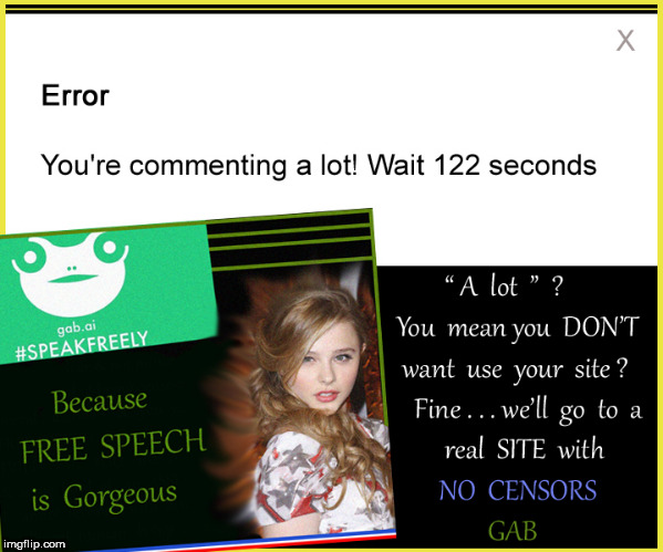 "Error You're commenting a lot! Wait....."...don't wait...go to a better site- GAB | image tagged in imgflip mods,gab,chloe grace moretz,free speech,lol so funny,so true memes | made w/ Imgflip meme maker