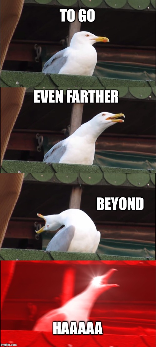 Inhaling Seagull | TO GO; EVEN FARTHER; BEYOND; HAAAAA | image tagged in memes,inhaling seagull | made w/ Imgflip meme maker