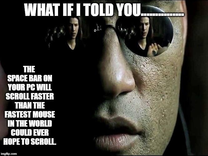 What if i told you | WHAT IF I TOLD YOU............... THE SPACE BAR ON YOUR PC WILL SCROLL FASTER THAN THE FASTEST MOUSE IN THE WORLD COULD EVER HOPE TO SCROLL. | image tagged in what if i told you | made w/ Imgflip meme maker