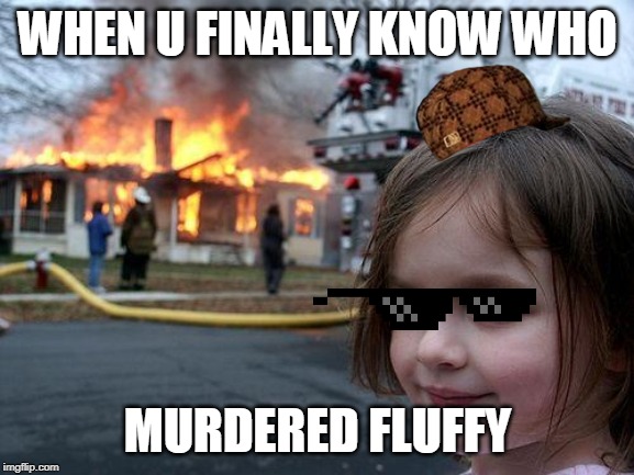 Disaster Girl Meme | WHEN U FINALLY KNOW WHO; MURDERED FLUFFY | image tagged in memes,disaster girl | made w/ Imgflip meme maker