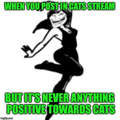 Got to admit, I've always enjoyed doing this | WHEN YOU POST IN CATS STREAM; BUT IT'S NEVER ANYTHING POSITIVE TOWARDS CATS | image tagged in memes,dancing trollmom | made w/ Imgflip meme maker