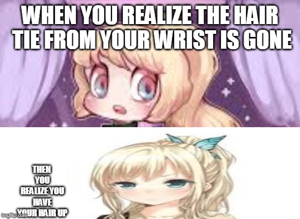 WHEN YOU REALIZE THE HAIR TIE FROM YOUR WRIST IS GONE; THEN YOU REALIZE YOU HAVE YOUR HAIR UP | made w/ Imgflip meme maker