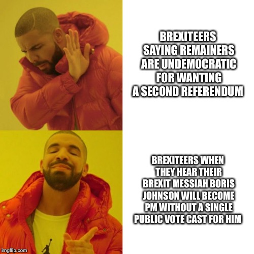Brexit hypocrisy | BREXITEERS SAYING REMAINERS ARE UNDEMOCRATIC FOR WANTING A SECOND REFERENDUM; BREXITEERS WHEN THEY HEAR THEIR BREXIT MESSIAH BORIS JOHNSON WILL BECOME PM WITHOUT A SINGLE PUBLIC VOTE CAST FOR HIM | image tagged in brexit,boris johnson,prime minister,conservatives,liberal vs conservative,democracy | made w/ Imgflip meme maker