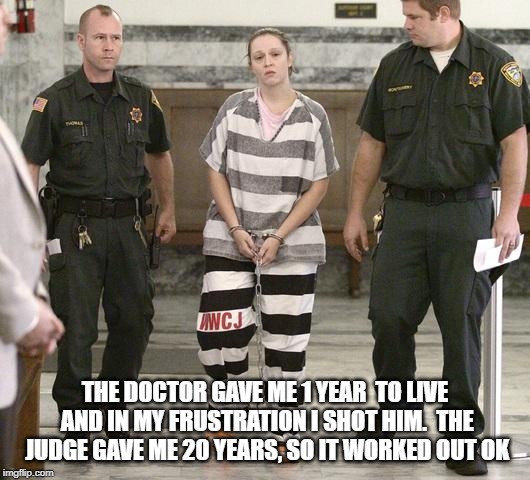got my life back | THE DOCTOR GAVE ME 1 YEAR  TO LIVE AND IN MY FRUSTRATION I SHOT HIM.  THE JUDGE GAVE ME 20 YEARS, SO IT WORKED OUT OK | image tagged in prisoner in custody | made w/ Imgflip meme maker