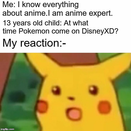 Surprised Pikachu Meme | Me: I know everything about anime.I am anime expert. 13 years old child: At what time Pokemon come on DisneyXD? My reaction:- | image tagged in memes,surprised pikachu | made w/ Imgflip meme maker