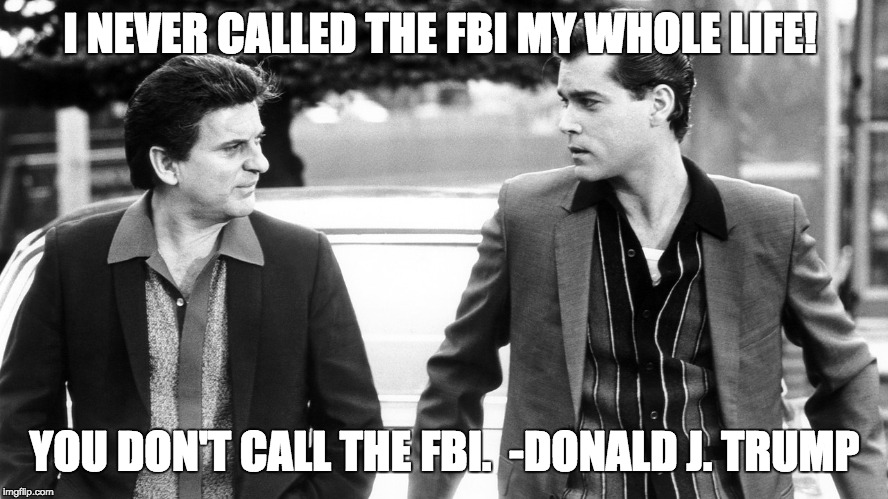 Call the fbi | I NEVER CALLED THE FBI MY WHOLE LIFE! YOU DON'T CALL THE FBI.  -DONALD J. TRUMP | image tagged in fbi,collusion,opposition research,donald trump,goodfellas | made w/ Imgflip meme maker