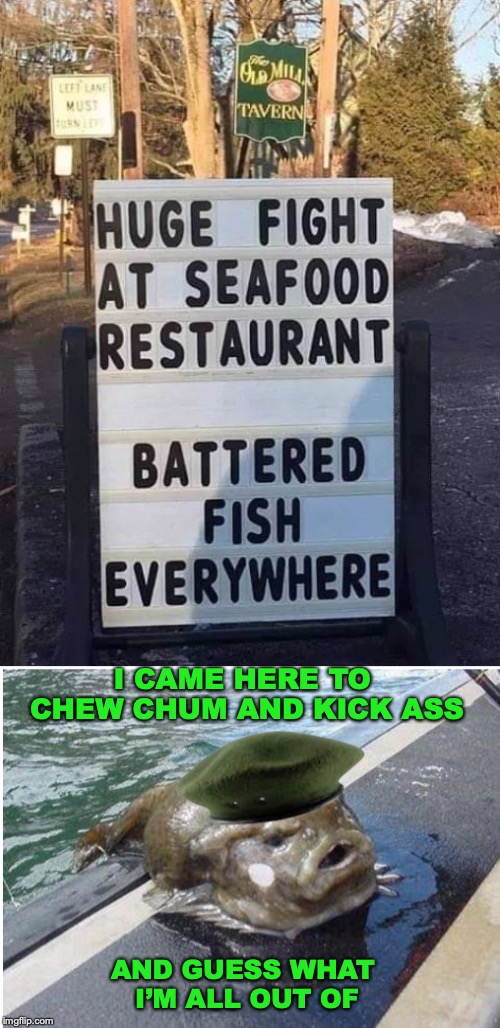 Fighting Fish | I CAME HERE TO CHEW CHUM AND KICK ASS; AND GUESS WHAT I’M ALL OUT OF | image tagged in fish,battery,funny signs | made w/ Imgflip meme maker