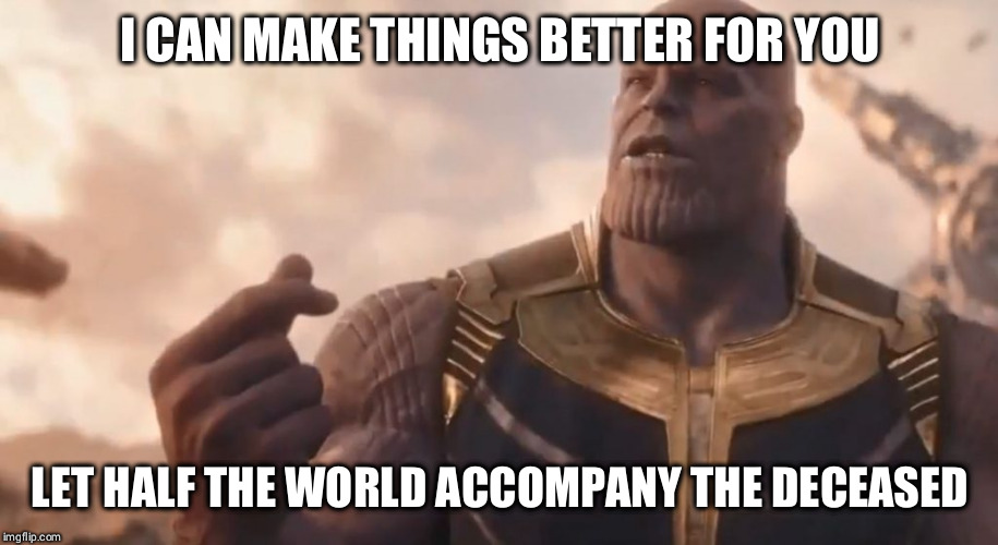 Thanos snap  | I CAN MAKE THINGS BETTER FOR YOU; LET HALF THE WORLD ACCOMPANY THE DECEASED | image tagged in thanos snap | made w/ Imgflip meme maker