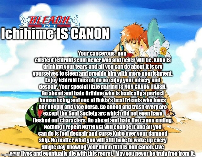 CANONICALLY HAPPILY MARRIED | Your cancerous , non existent Ichiruki scum never was and never will be. Kubo is drinking your tears and all you can do about it is cry yourselves to sleep and provide him with more nourishment. Enjoy Ichiruki fans oh do so enjoy your misery and despair. Your special little pairing IS NON CANON TRASH. Go ahead and hate Orihime who is basically a perfect human being and one of Rukia's best friends who loves her deeply and vice versa. Go ahead and trash every arc except the Soul Society arc which did not even have fleshed out characters. Go ahead and hate the canon ending. Nothing I repeat NOTHING! will change it and all you can do is feel despair and curse Kubo over your damned ship. No matter what you will still have to wake up every single day knowing your damn filth is non canon. Live your lives and eventually die with this regret.  May you never be truly free from it. Ichihime IS CANON | image tagged in bleach,anime,fight me | made w/ Imgflip meme maker
