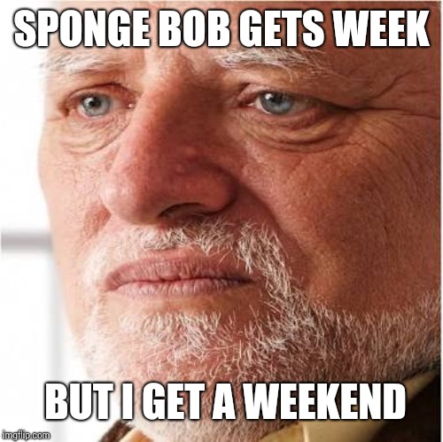 Harold sad | SPONGE BOB GETS WEEK; BUT I GET A WEEKEND | image tagged in harold sad | made w/ Imgflip meme maker