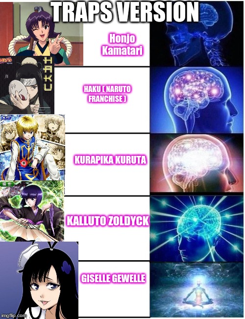 Delicious Traps | TRAPS VERSION; Honjo Kamatari; HAKU ( NARUTO FRANCHISE ); KURAPIKA KURUTA; KALLUTO ZOLDYCK; GISELLE GEWELLE | image tagged in expanding brain 5 panel,traps,anime | made w/ Imgflip meme maker