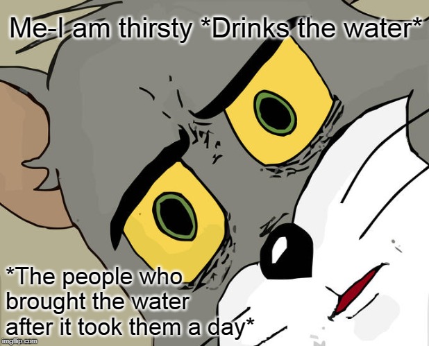 Unsettled Tom Meme | Me-I am thirsty *Drinks the water*; *The people who brought the water after it took them a day* | image tagged in memes,unsettled tom | made w/ Imgflip meme maker