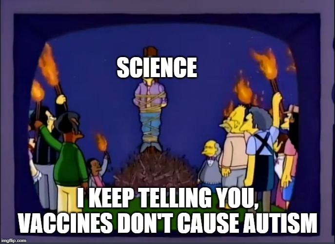 Skinner Burning At The Stake | SCIENCE; I KEEP TELLING YOU, VACCINES DON'T CAUSE AUTISM | image tagged in skinner burning at the stake | made w/ Imgflip meme maker