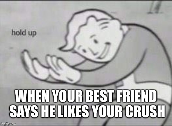 Fallout Hold Up | WHEN YOUR BEST FRIEND SAYS HE LIKES YOUR CRUSH | image tagged in fallout hold up | made w/ Imgflip meme maker