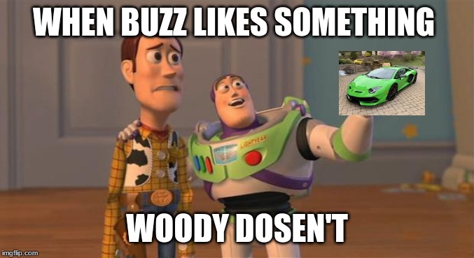 toy story everywhere wide | WHEN BUZZ LIKES SOMETHING; WOODY DOSEN'T | image tagged in toy story everywhere wide | made w/ Imgflip meme maker