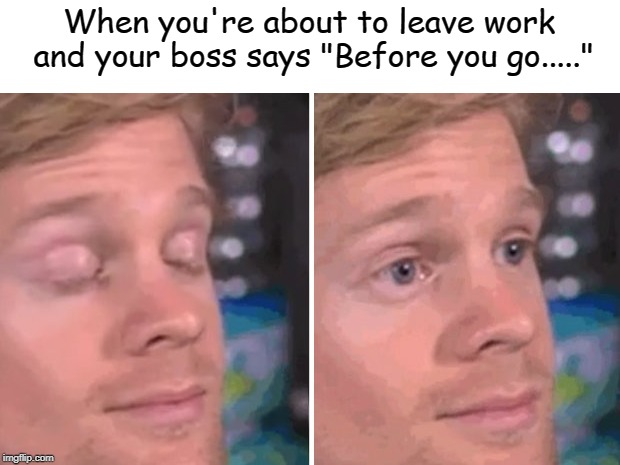 White guy blinking | When you're about to leave work and your boss says "Before you go....." | image tagged in white guy blinking | made w/ Imgflip meme maker