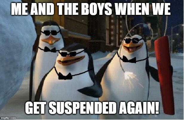 Madagascar Penguins | ME AND THE BOYS WHEN WE; GET SUSPENDED AGAIN! | image tagged in madagascar penguins | made w/ Imgflip meme maker