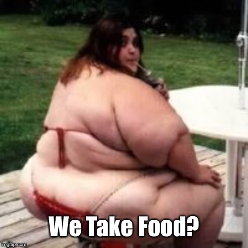Fat bikini babe | We Take Food? | image tagged in fat bikini babe | made w/ Imgflip meme maker