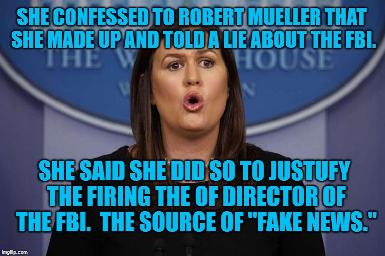 Sarah Sanders | SHE CONFESSED TO ROBERT MUELLER THAT SHE MADE UP AND TOLD A LIE ABOUT THE FBI. SHE SAID SHE DID SO TO JUSTUFY THE FIRING THE OF DIRECTOR OF THE FBI.  THE SOURCE OF "FAKE NEWS." | image tagged in sarah sanders | made w/ Imgflip meme maker