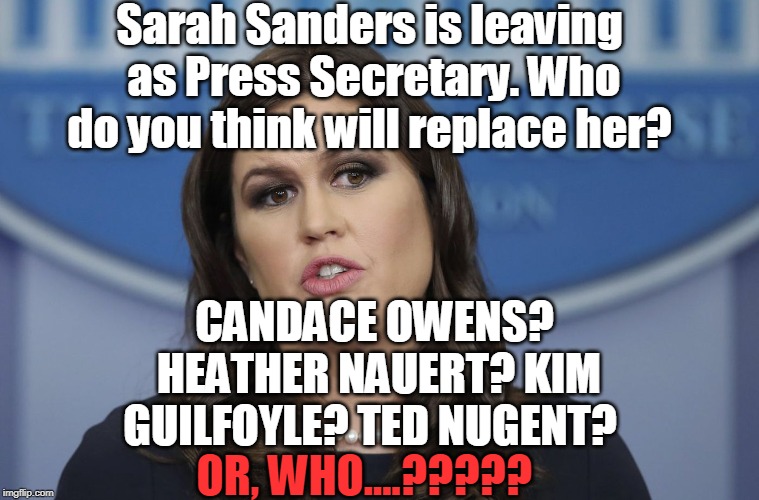 GUESS the new PRESS... | Sarah Sanders is leaving as Press Secretary. Who do you think will replace her? CANDACE OWENS? HEATHER NAUERT? KIM GUILFOYLE? TED NUGENT? OR, WHO....????? | image tagged in politics | made w/ Imgflip meme maker