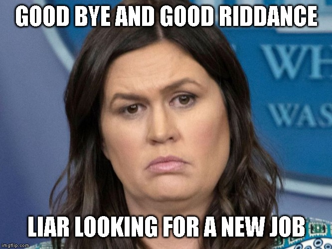 Sarah Huckabee Sanders... You're Fired! | GOOD BYE AND GOOD RIDDANCE; LIAR LOOKING FOR A NEW JOB | image tagged in government corruption,liar,sarah huckabee sanders,you're fired,impeach trump | made w/ Imgflip meme maker