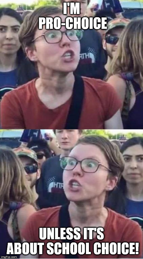 Angry Liberal Hypocrite | I'M PRO-CHOICE; UNLESS IT'S ABOUT SCHOOL CHOICE! | image tagged in angry liberal hypocrite | made w/ Imgflip meme maker