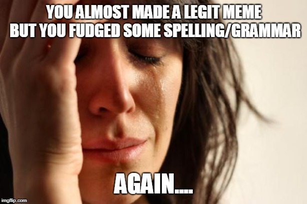 First World Problems Meme | YOU ALMOST MADE A LEGIT MEME BUT YOU FUDGED SOME SPELLING/GRAMMAR AGAIN.... | image tagged in memes,first world problems | made w/ Imgflip meme maker