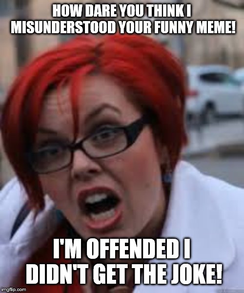 SJW Triggered | HOW DARE YOU THINK I MISUNDERSTOOD YOUR FUNNY MEME! I'M OFFENDED I DIDN'T GET THE JOKE! | image tagged in sjw triggered | made w/ Imgflip meme maker