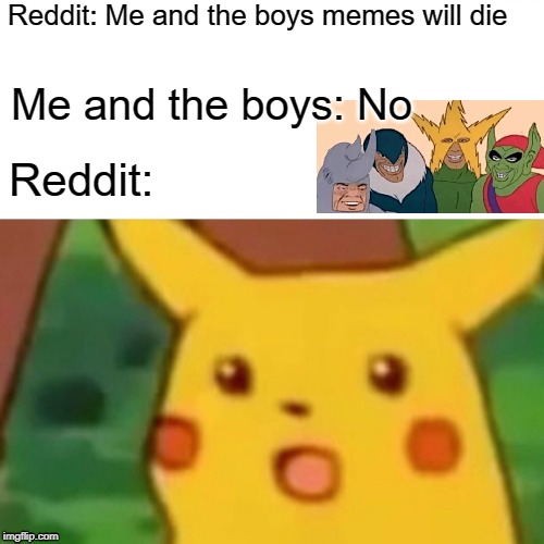 Surprised Pikachu | Reddit: Me and the boys memes will die; Me and the boys: No; Reddit: | image tagged in memes,surprised pikachu | made w/ Imgflip meme maker