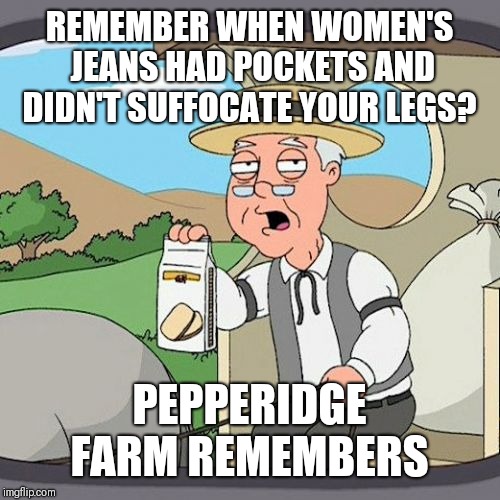 Pepperidge Farm Remembers | REMEMBER WHEN WOMEN'S JEANS HAD POCKETS AND DIDN'T SUFFOCATE YOUR LEGS? PEPPERIDGE FARM REMEMBERS | image tagged in memes,pepperidge farm remembers | made w/ Imgflip meme maker