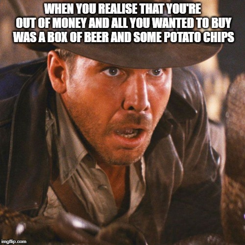 Shocked Indy | WHEN YOU REALISE THAT YOU'RE OUT OF MONEY AND ALL YOU WANTED TO BUY WAS A BOX OF BEER AND SOME POTATO CHIPS | image tagged in shocked indy,harrison ford,indiana jones | made w/ Imgflip meme maker