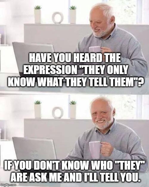 Who are They? | HAVE YOU HEARD THE EXPRESSION "THEY ONLY KNOW WHAT THEY TELL THEM"? IF YOU DON'T KNOW WHO "THEY" ARE ASK ME AND I'LL TELL YOU. | image tagged in memes,hide the pain harold | made w/ Imgflip meme maker