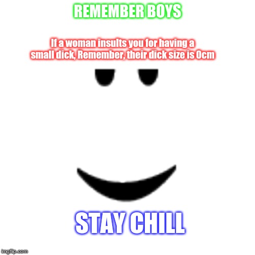 chill boys B^) | REMEMBER BOYS; If a woman insults you for having a small dick, Remember, their dick size is 0cm; STAY CHILL | image tagged in chill | made w/ Imgflip meme maker