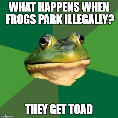Foul Bachelor Frog | WHAT HAPPENS WHEN FROGS PARK ILLEGALLY? THEY GET TOAD | image tagged in memes,foul bachelor frog | made w/ Imgflip meme maker