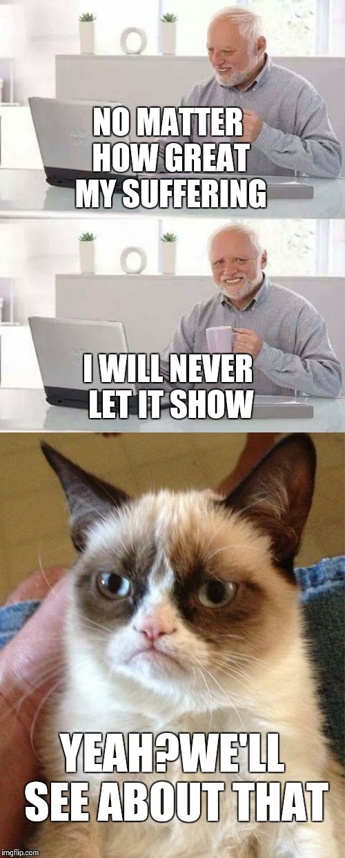 Hide the pain Harold weekend! | NO MATTER HOW GREAT MY SUFFERING; I WILL NEVER LET IT SHOW; YEAH?WE'LL SEE ABOUT THAT | image tagged in memes,grumpy cat,hide the pain harold,hide the pain harold weekend,frontpage | made w/ Imgflip meme maker