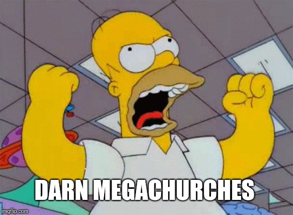 fist shaking homer | DARN MEGACHURCHES | image tagged in fist shaking homer | made w/ Imgflip meme maker