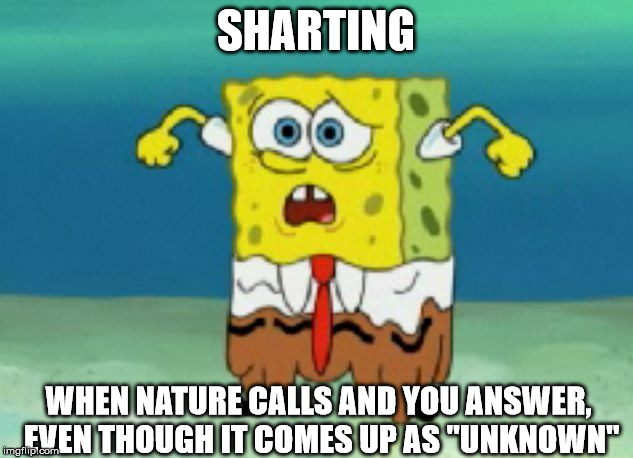 sponge bob shart pants | SHARTING; WHEN NATURE CALLS AND YOU ANSWER, EVEN THOUGH IT COMES UP AS "UNKNOWN" | image tagged in sponge bob shart pants | made w/ Imgflip meme maker