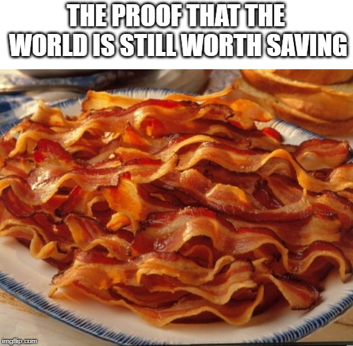 Bacon | THE PROOF THAT THE WORLD IS STILL WORTH SAVING | image tagged in bacon | made w/ Imgflip meme maker