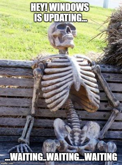 Waiting Skeleton | HEY! WINDOWS IS UPDATING... ...WAITING..WAITING...WAITING | image tagged in memes,waiting skeleton | made w/ Imgflip meme maker