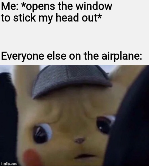 I like this "disturbed Tom" replacement template a lot | Me: *opens the window to stick my head out*; Everyone else on the airplane: | image tagged in detective pikachu | made w/ Imgflip meme maker