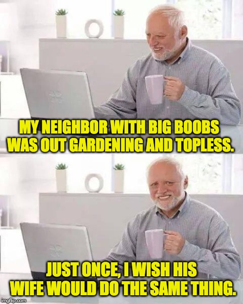 Hide the Pain Harold Meme | MY NEIGHBOR WITH BIG BOOBS WAS OUT GARDENING AND TOPLESS. JUST ONCE, I WISH HIS WIFE WOULD DO THE SAME THING. | image tagged in memes,hide the pain harold | made w/ Imgflip meme maker