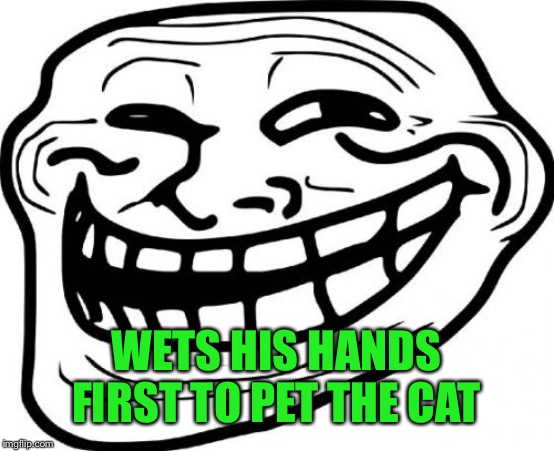 Troll Face Meme | WETS HIS HANDS FIRST TO PET THE CAT | image tagged in memes,troll face | made w/ Imgflip meme maker