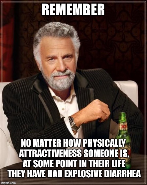 You’re welcome. | REMEMBER; NO MATTER HOW PHYSICALLY ATTRACTIVENESS SOMEONE IS, AT SOME POINT IN THEIR LIFE THEY HAVE HAD EXPLOSIVE DIARRHEA | image tagged in memes,the most interesting man in the world,explosive diarrhea | made w/ Imgflip meme maker