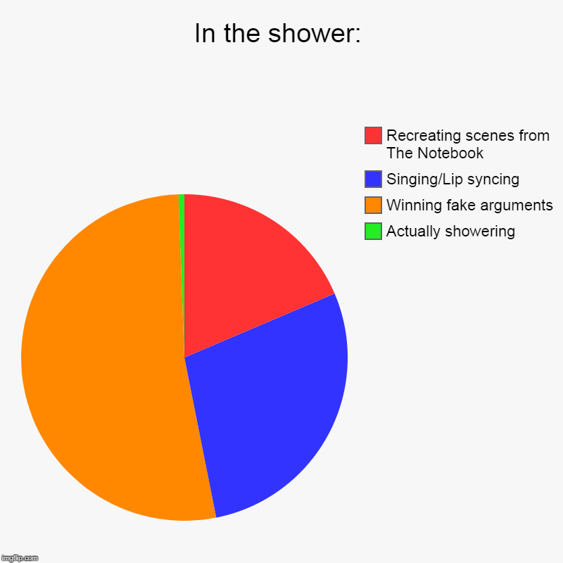 In the shower: | Actually showering, Winning fake arguments, Singing/Lip syncing , Recreating scenes from The Notebook | image tagged in charts,pie charts | made w/ Imgflip chart maker